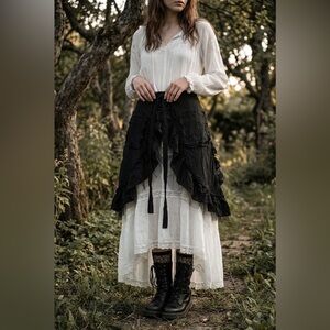 Hand Crafted Black Layered High-Low Ruffle Wrap Skirt